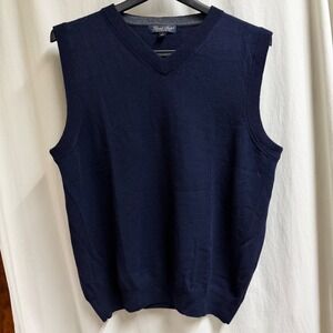 Garret Scott Mens Navy Blue Extra Fine Merino Wool V-Neck Sweater Vest Large